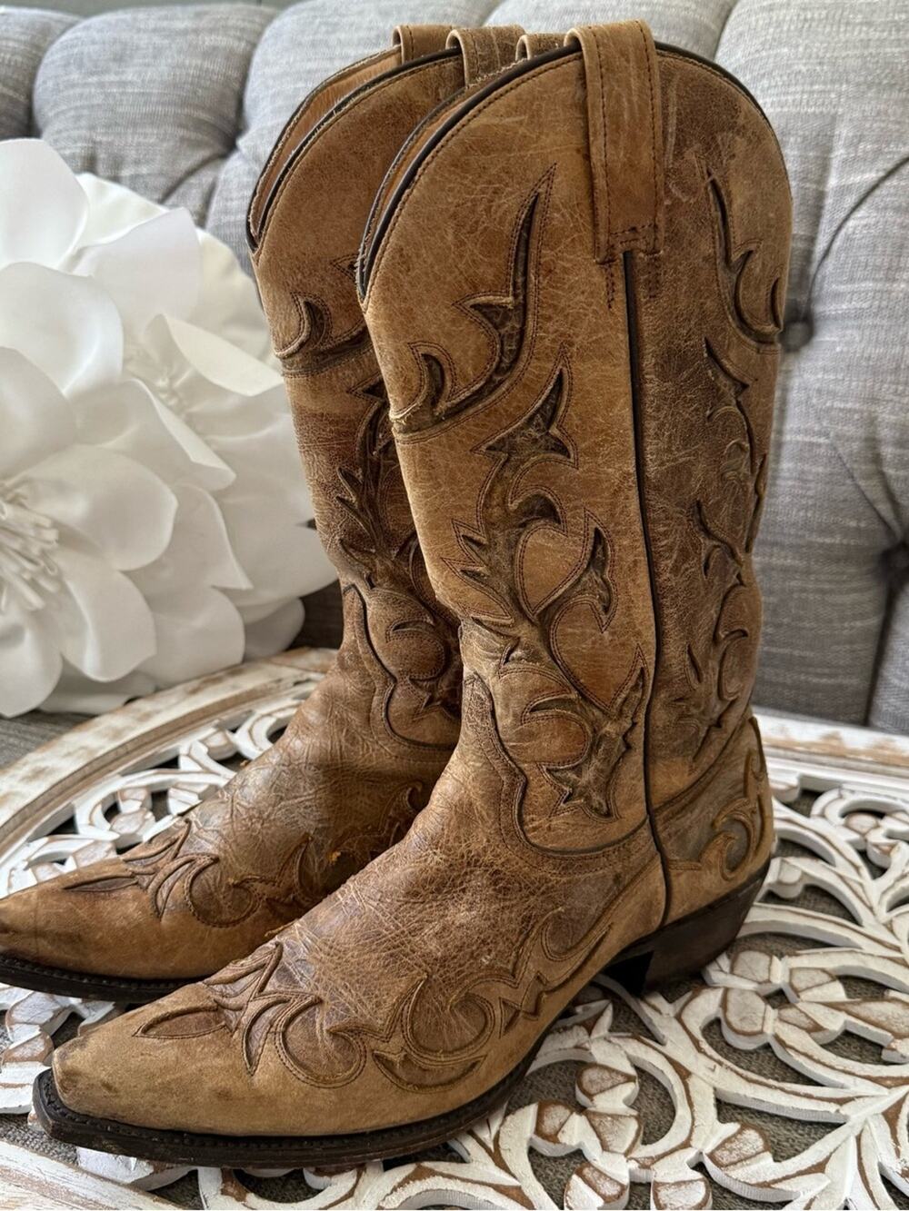 Stetson Western Embroidered Leather Cowboy Boots Men’s 9